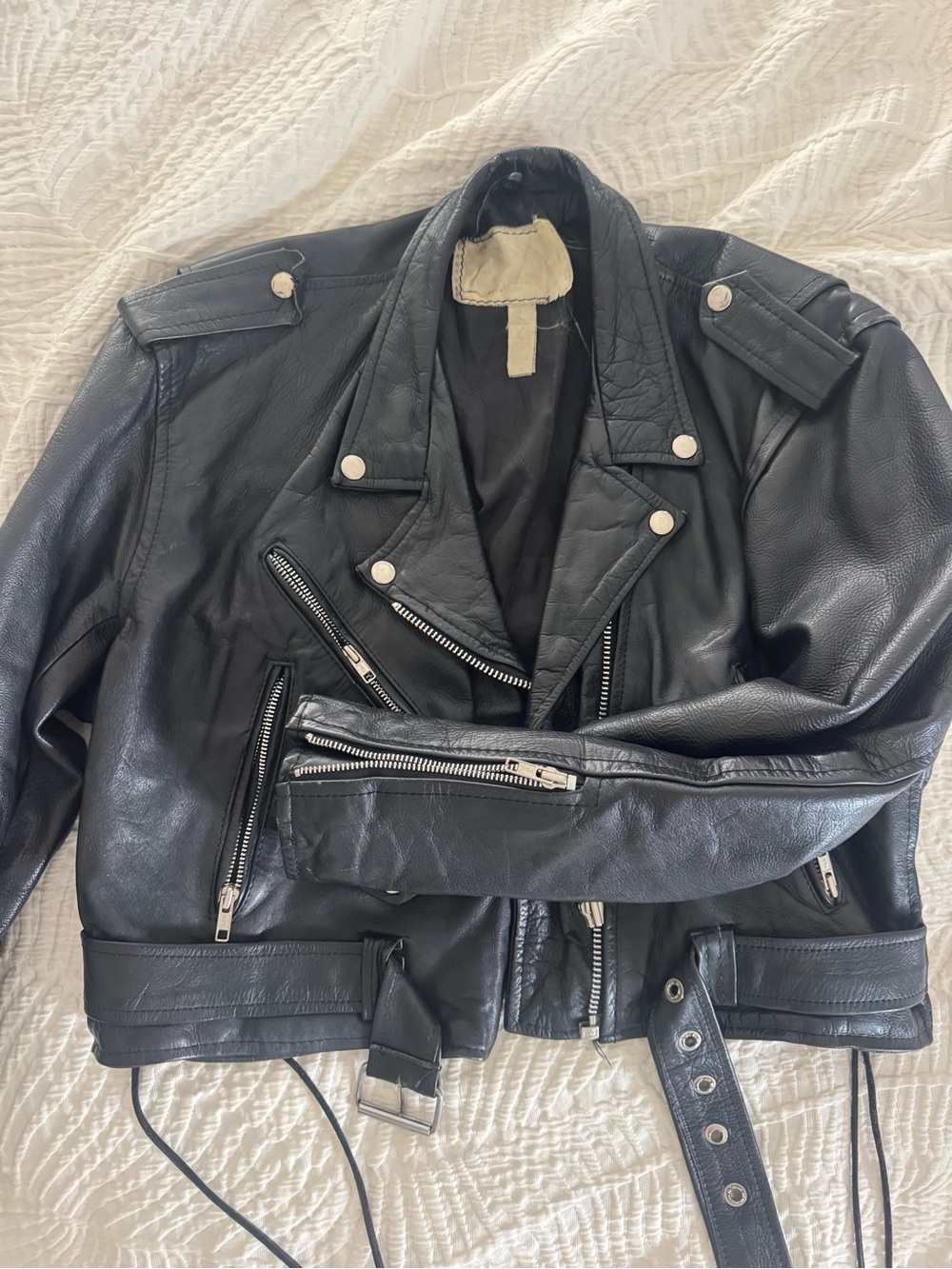 Vintage Black Leather Biker Jacket with Silver Hardware